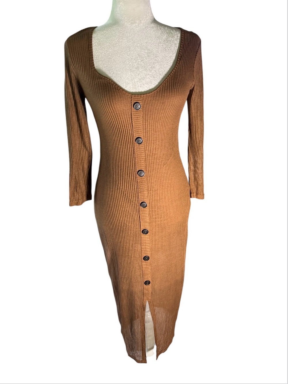 NWT Express Brown Ribbed Sheer Sleeve Bodycon Midi Dress